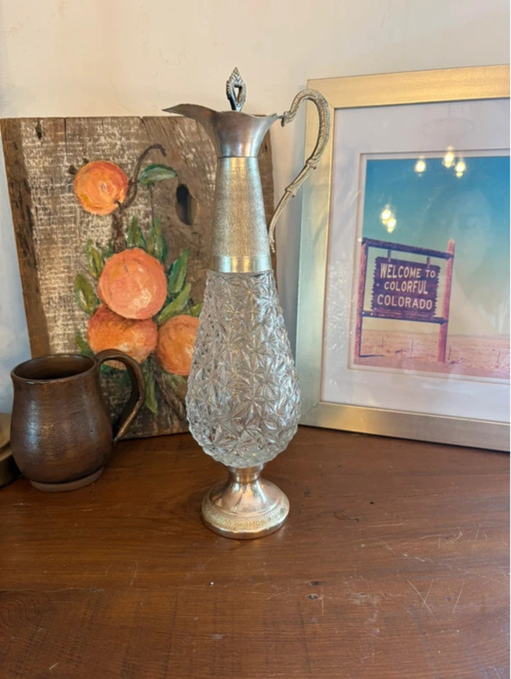 Vintage Norleans Italy Cut Crystal Claret Decanter Silver Plate Pitcher 15"